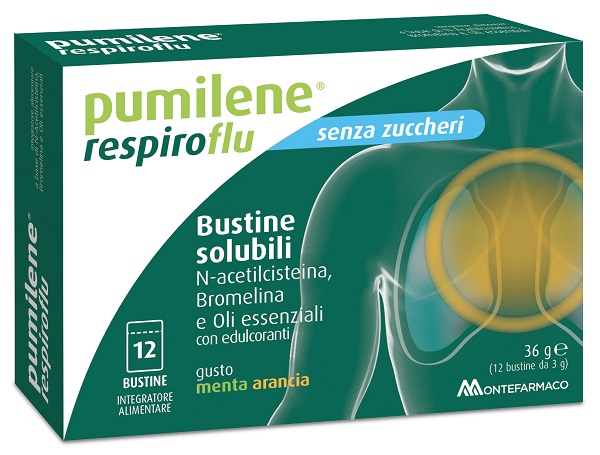 PUMILENE RESPIROFLU SENZA ZUCCHERO 12 BUSTINE GUSTO MENTA ARANCIA 36 G - farmaidea24.com