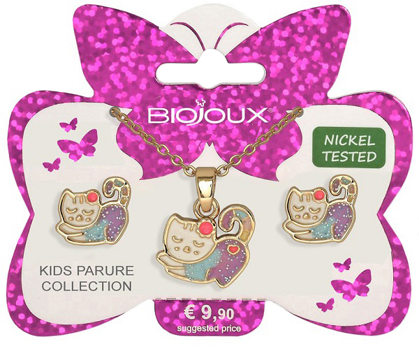 BJS001 PARURE ORECCHINI+COLLANINA SLEEPY KITTY GOLD PLATED - farmaidea24.com