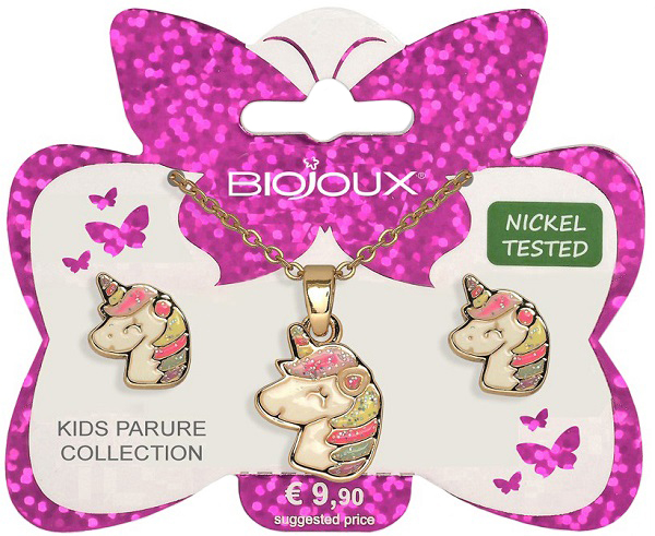BJS008 PARURE ORECCHINI+COLLANINA SMILING UNICORN GOLD PLATED - farmaidea24.com